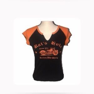 Rat’s Hole Custom Bike Shop T Shirt Orange Black M